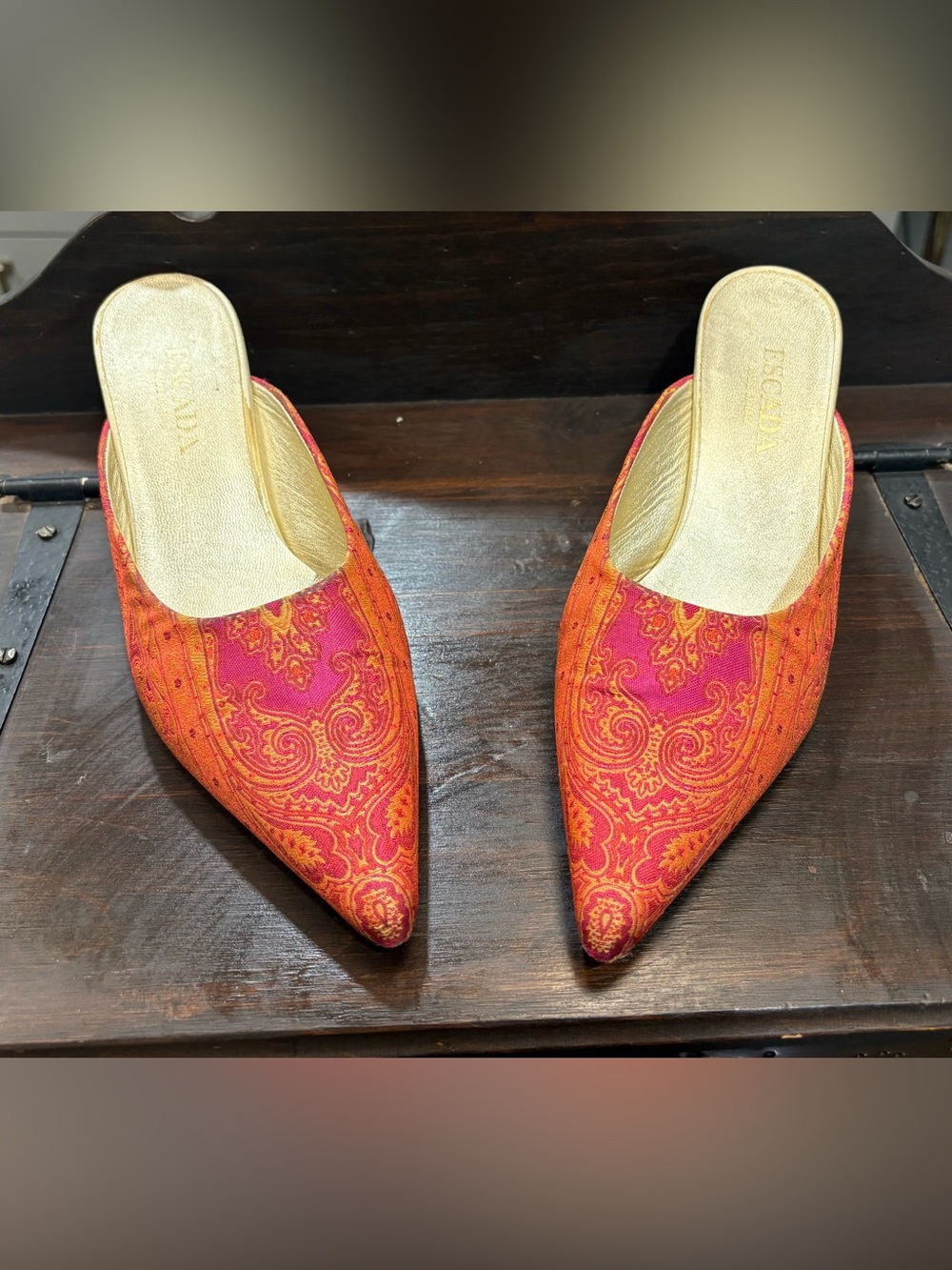 Escada Pink and Gold Paisley Pointed-Toe Mules Kitten Heel
